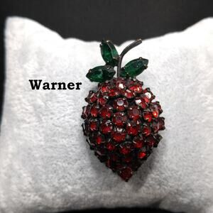 Vintage 1960s Signed Strawberry Rhinestone Brooch, Black Enamel
